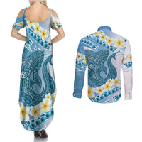 Blue Hawaii Shark Tattoo Couples Matching Summer Maxi Dress and Long Sleeve Button Shirt Frangipani With Polynesian Pastel Version