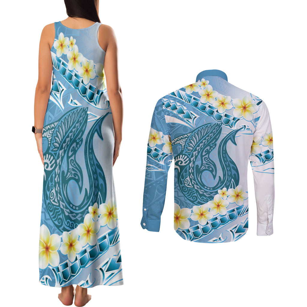 Blue Hawaii Shark Tattoo Couples Matching Tank Maxi Dress and Long Sleeve Button Shirt Frangipani With Polynesian Pastel Version