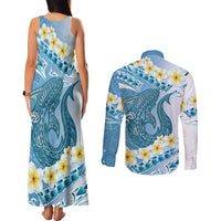 Blue Hawaii Shark Tattoo Couples Matching Tank Maxi Dress and Long Sleeve Button Shirt Frangipani With Polynesian Pastel Version