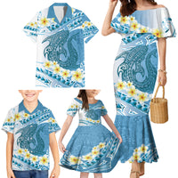 Blue Hawaii Shark Tattoo Family Matching Mermaid Dress and Hawaiian Shirt Frangipani With Polynesian Pastel Version