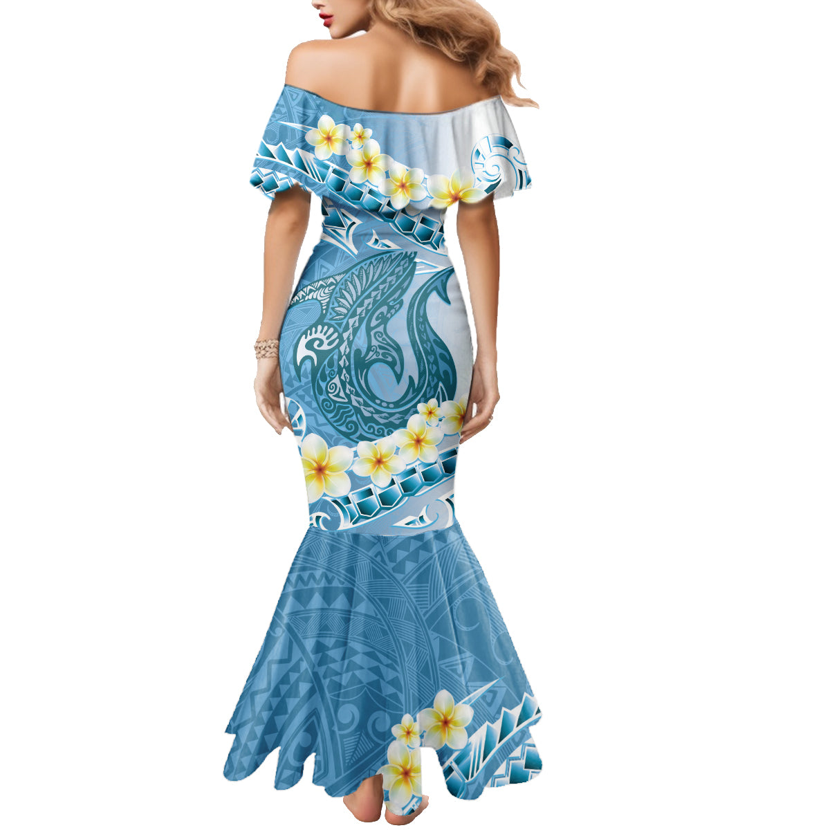 Blue Hawaii Shark Tattoo Family Matching Mermaid Dress and Hawaiian Shirt Frangipani With Polynesian Pastel Version