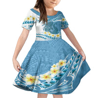Blue Hawaii Shark Tattoo Family Matching Off The Shoulder Long Sleeve Dress and Hawaiian Shirt Frangipani With Polynesian Pastel Version LT14 Daughter's Dress Blue - Polynesian Pride