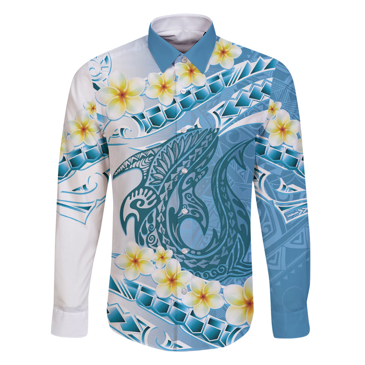 Blue Hawaii Shark Tattoo Family Matching Off Shoulder Maxi Dress and Hawaiian Shirt Frangipani With Polynesian Pastel Version LT14 Dad's Shirt - Long Sleeve Blue - Polynesian Pride