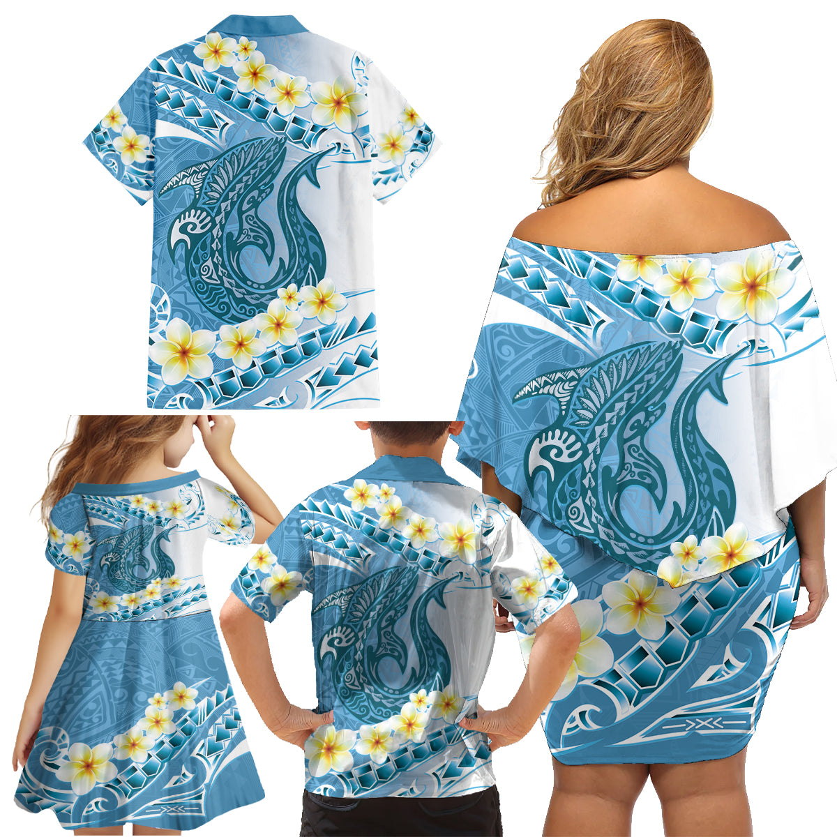Blue Hawaii Shark Tattoo Family Matching Off Shoulder Short Dress and Hawaiian Shirt Frangipani With Polynesian Pastel Version