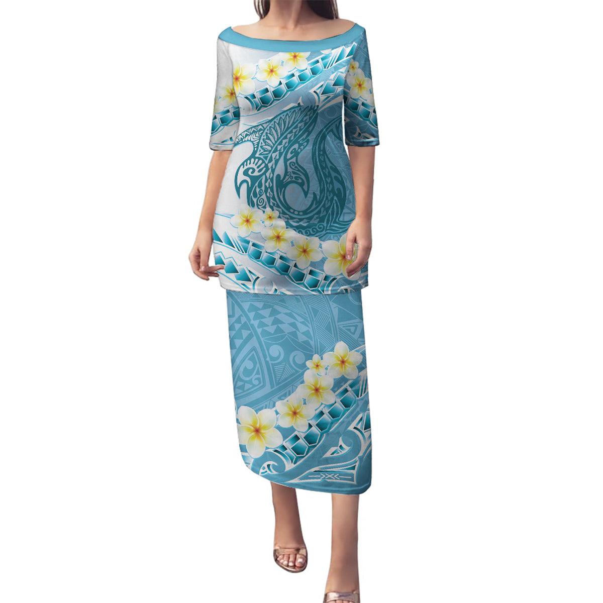 Blue Hawaii Shark Tattoo Family Matching Puletasi and Hawaiian Shirt Frangipani With Polynesian Pastel Version