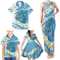 Blue Hawaii Shark Tattoo Family Matching Tank Maxi Dress and Hawaiian Shirt Frangipani With Polynesian Pastel Version