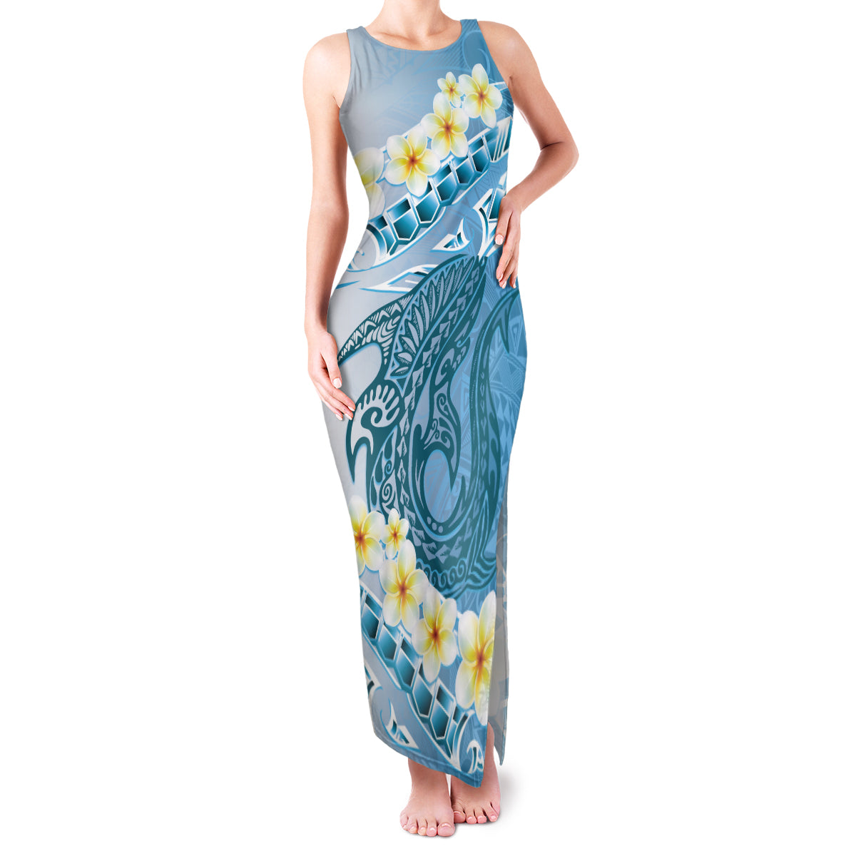 Blue Hawaii Shark Tattoo Family Matching Tank Maxi Dress and Hawaiian Shirt Frangipani With Polynesian Pastel Version