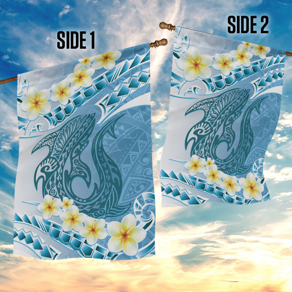 Blue Hawaii Shark Tattoo Garden Flag Frangipani With Polynesian Pastel Version