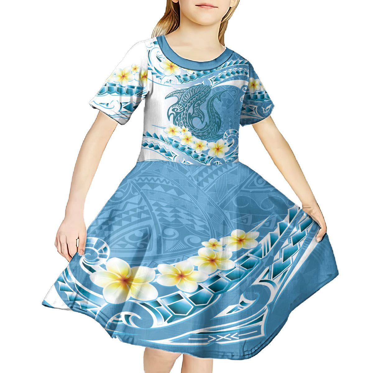 Blue Hawaii Shark Tattoo Kid Short Sleeve Dress Frangipani With Polynesian Pastel Version