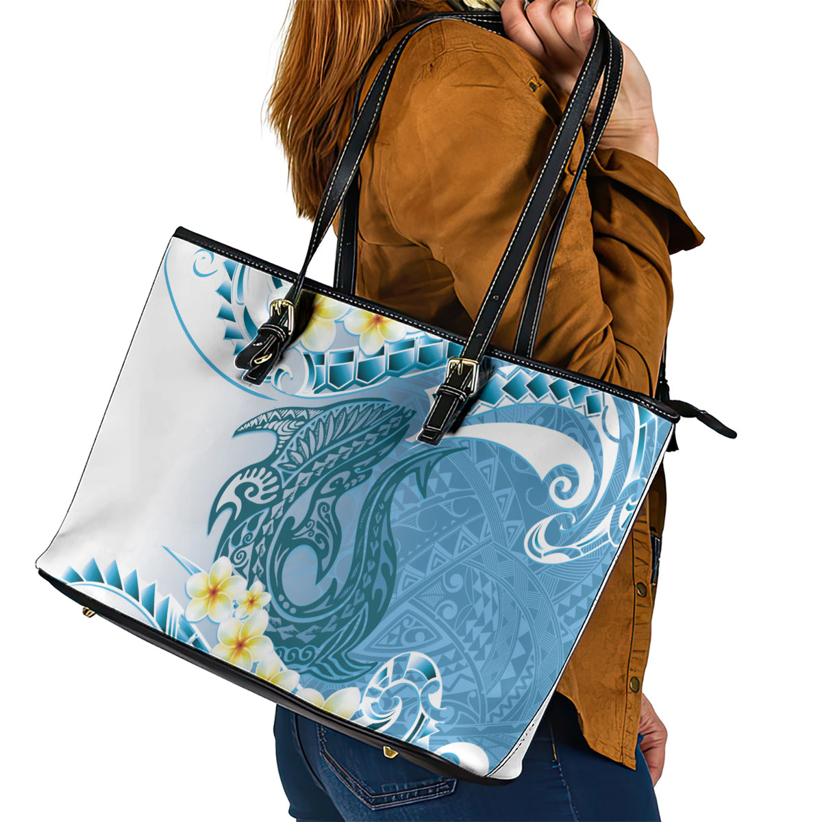 Blue Hawaii Shark Tattoo Leather Tote Bag Frangipani With Polynesian Pastel Version LT14 - Polynesian Pride
