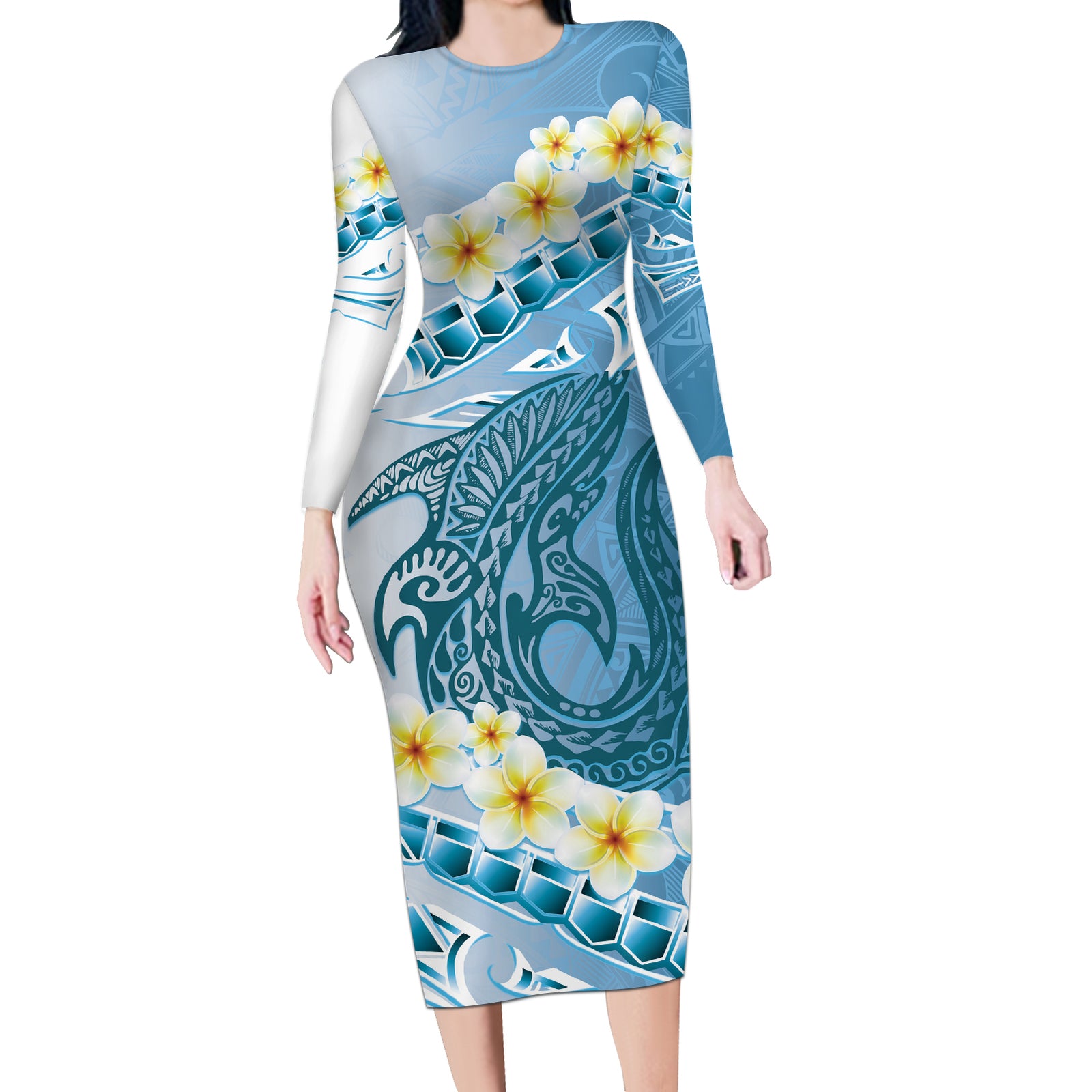Blue Hawaii Shark Tattoo Long Sleeve Bodycon Dress Frangipani With Polynesian Pastel Version LT14 Long Dress Blue - Polynesian Pride