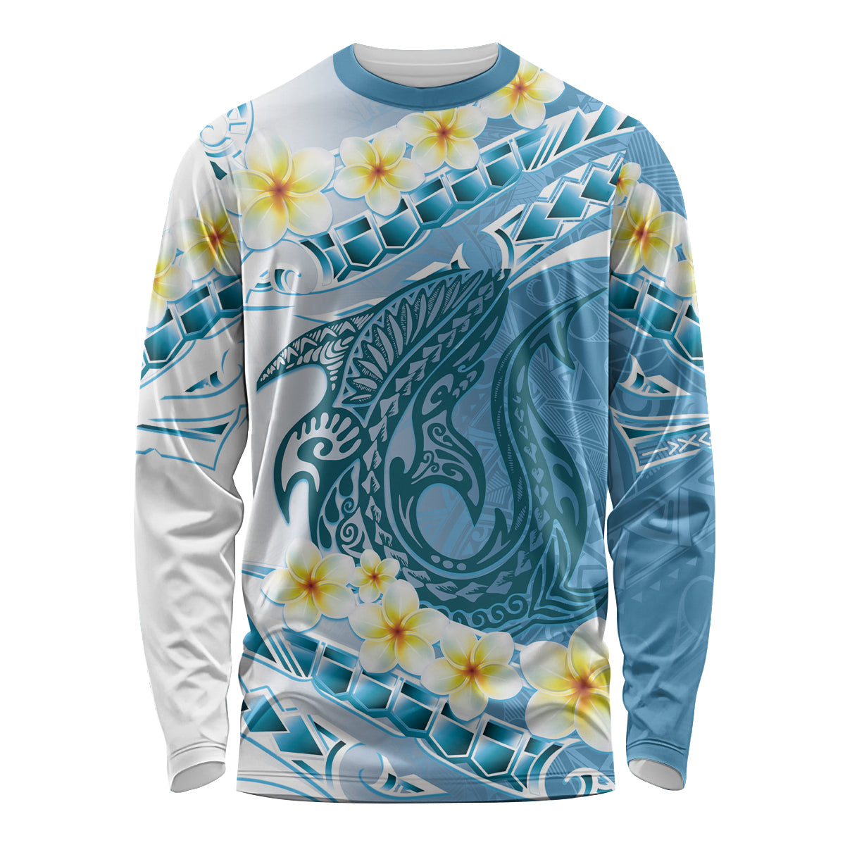 Blue Hawaii Shark Tattoo Long Sleeve Shirt Frangipani With Polynesian Pastel Version LT14 Unisex Blue - Polynesian Pride