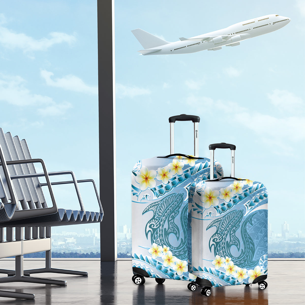 Blue Hawaii Shark Tattoo Luggage Cover Frangipani With Polynesian Pastel Version