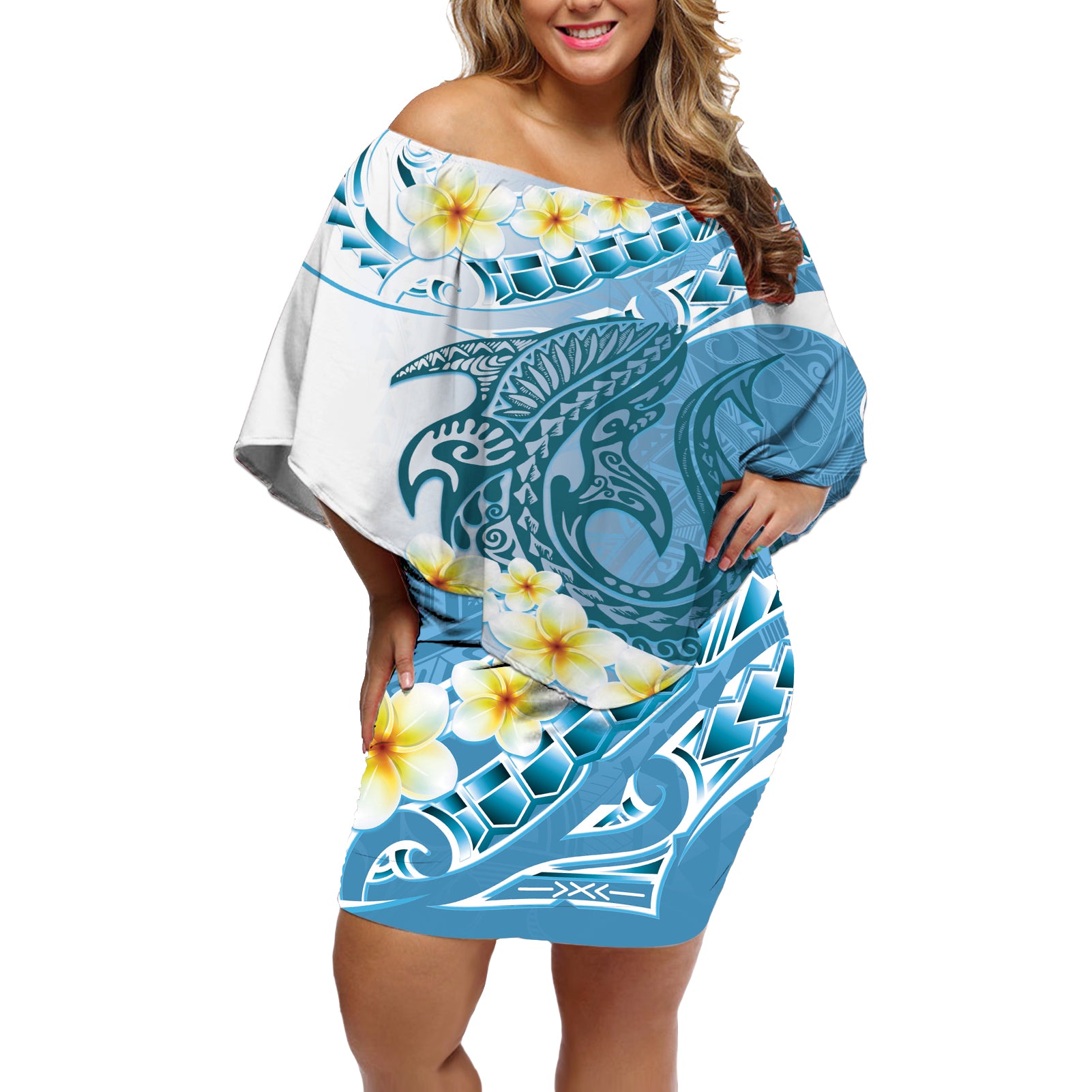 Blue Hawaii Shark Tattoo Off Shoulder Short Dress Frangipani With Polynesian Pastel Version