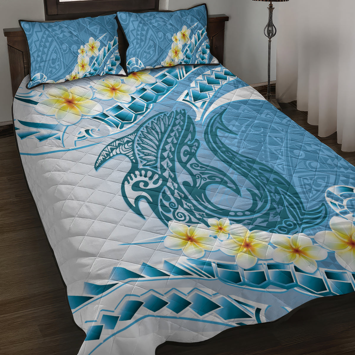 Blue Hawaii Shark Tattoo Quilt Bed Set Frangipani With Polynesian Pastel Version LT14 Blue - Polynesian Pride