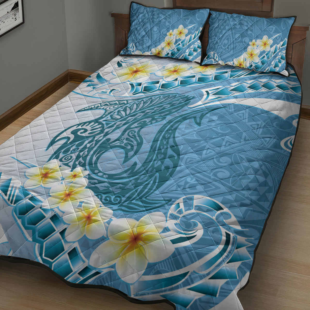 Blue Hawaii Shark Tattoo Quilt Bed Set Frangipani With Polynesian Pastel Version LT14 - Polynesian Pride