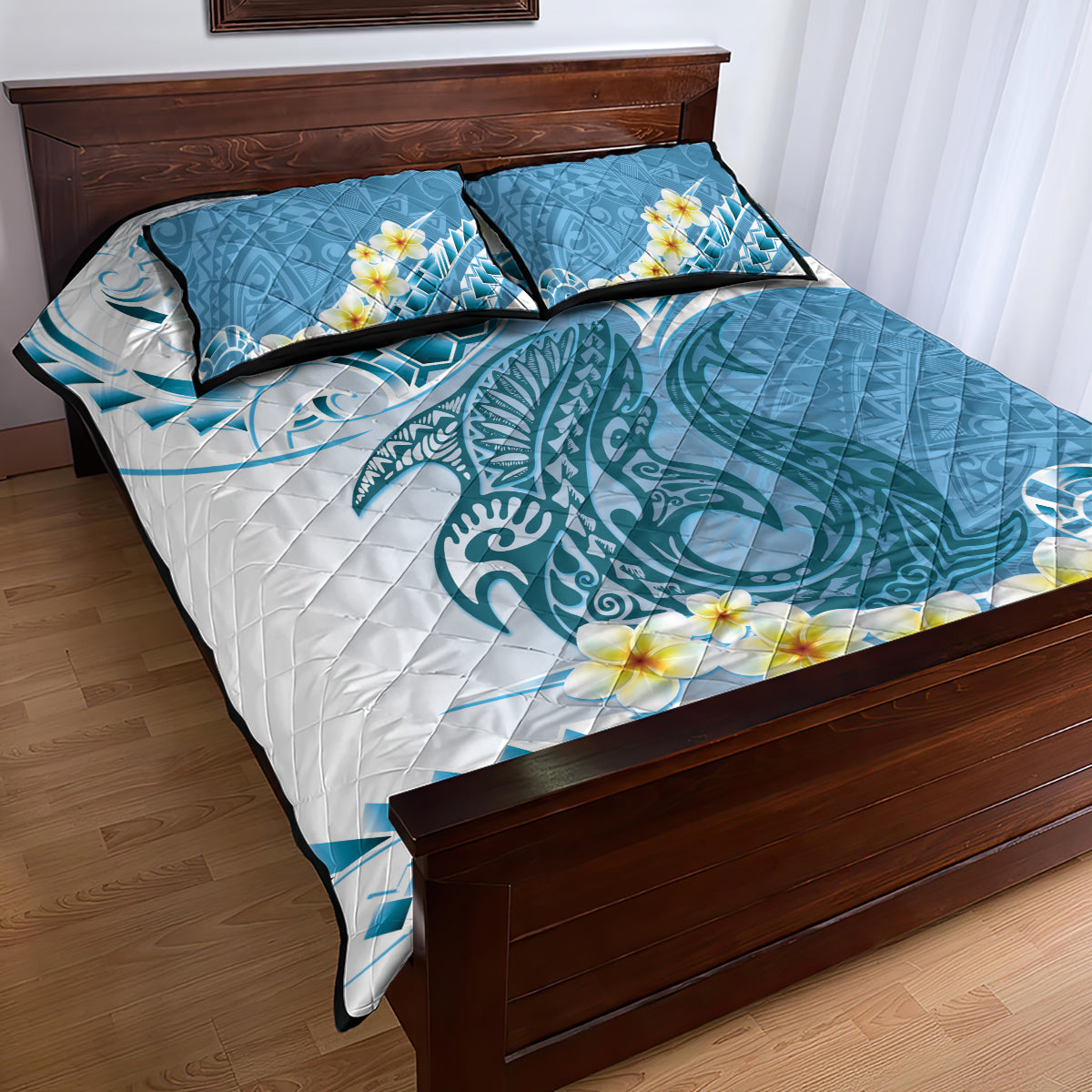 Blue Hawaii Shark Tattoo Quilt Bed Set Frangipani With Polynesian Pastel Version LT14 - Polynesian Pride