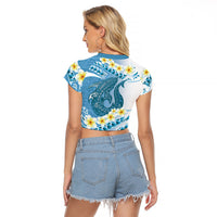 Blue Hawaii Shark Tattoo Raglan Cropped T Shirt Frangipani With Polynesian Pastel Version