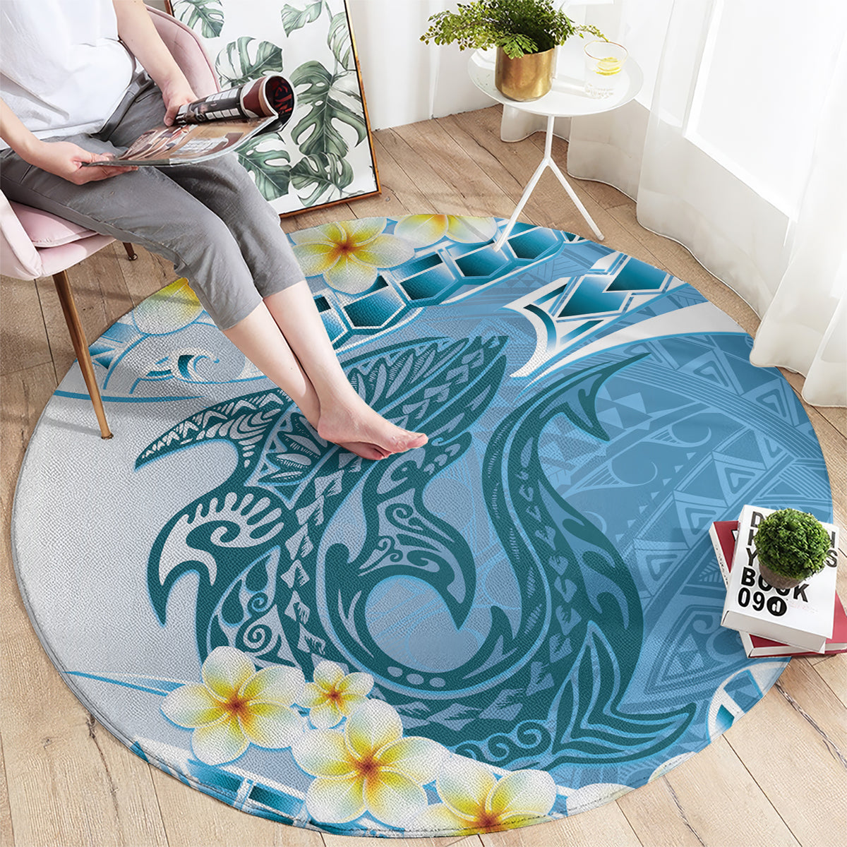 Blue Hawaii Shark Tattoo Round Carpet Frangipani With Polynesian Pastel Version LT14 - Polynesian Pride