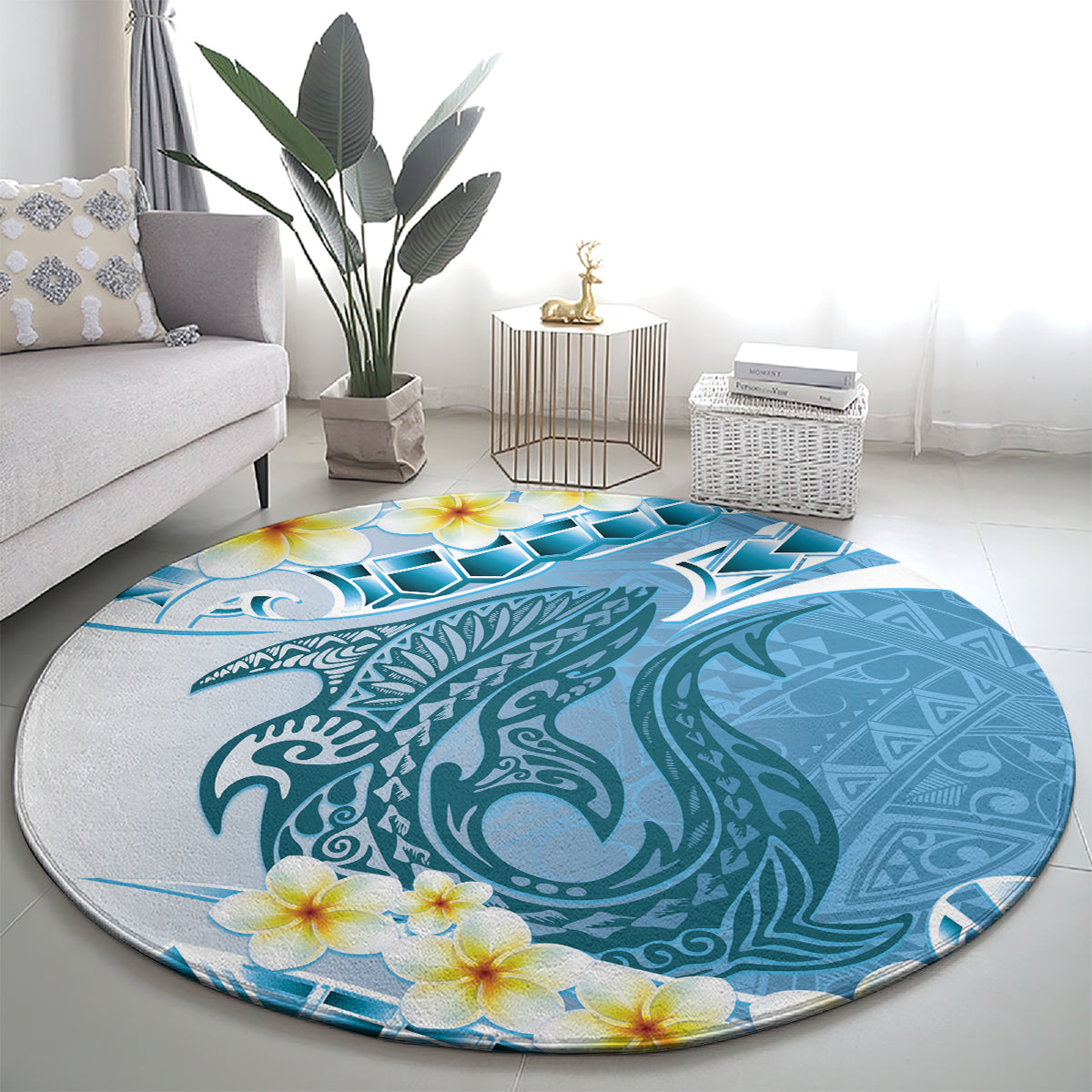 Blue Hawaii Shark Tattoo Round Carpet Frangipani With Polynesian Pastel Version LT14 - Polynesian Pride