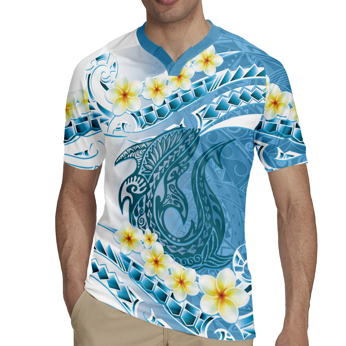 Blue Hawaii Shark Tattoo Rugby Jersey Frangipani With Polynesian Pastel Version