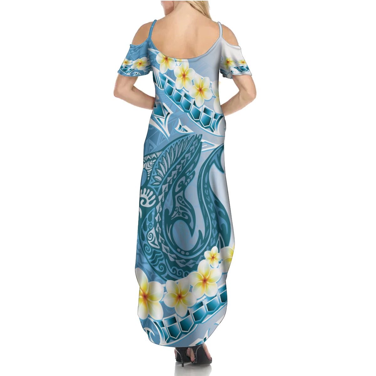 Blue Hawaii Shark Tattoo Summer Maxi Dress Frangipani With Polynesian Pastel Version