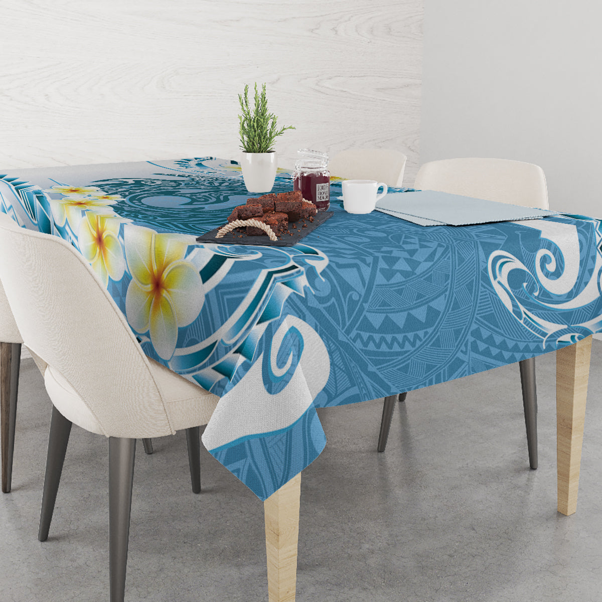 Blue Hawaii Shark Tattoo Tablecloth Frangipani With Polynesian Pastel Version