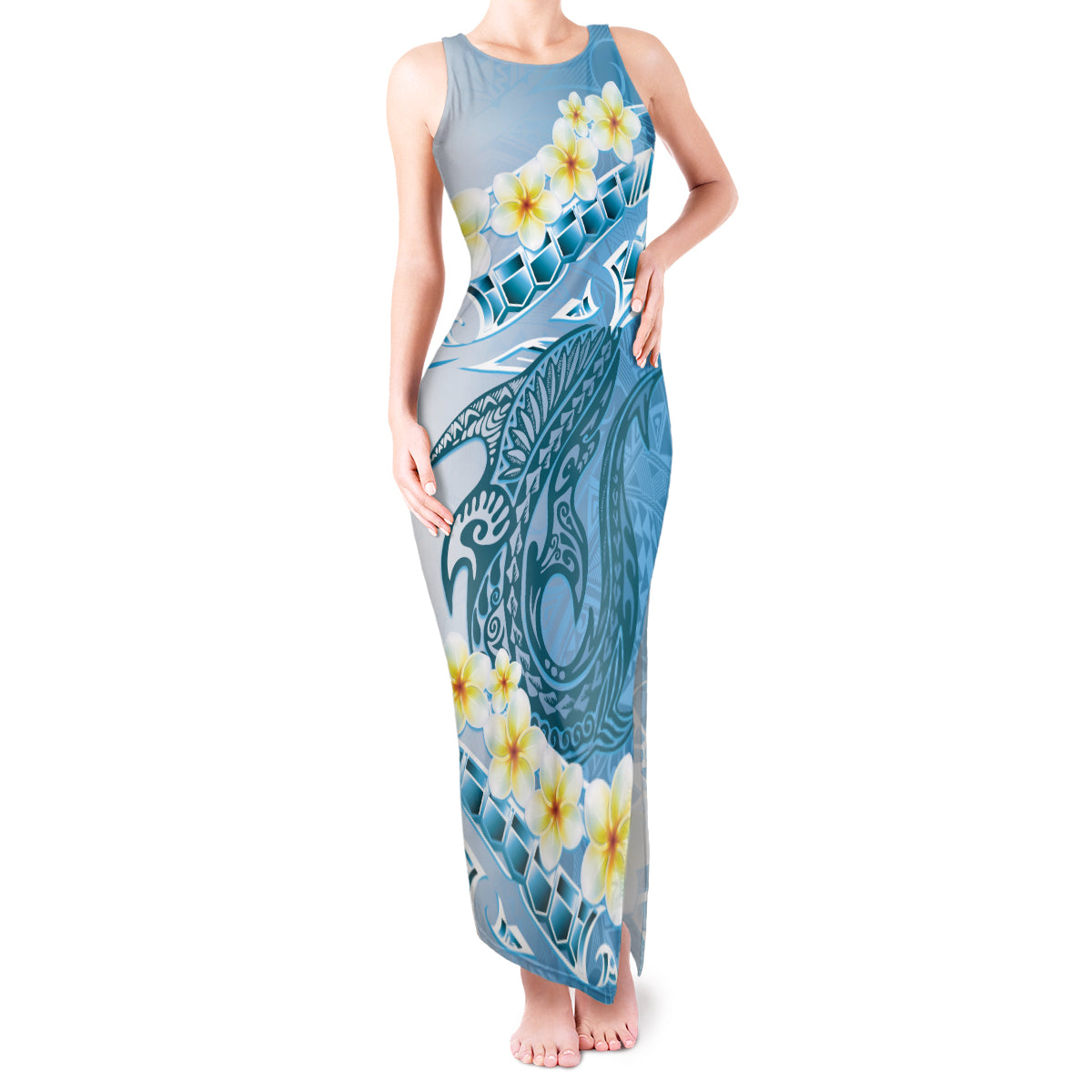 Blue Hawaii Shark Tattoo Tank Maxi Dress Frangipani With Polynesian Pastel Version