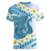 Blue Hawaii Shark Tattoo Women V-Neck T-Shirt Frangipani With Polynesian Pastel Version