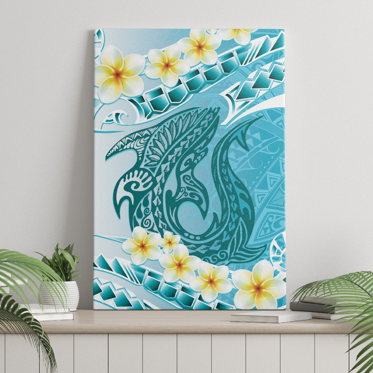 Turquoise Hawaii Shark Tattoo Canvas Wall Art Frangipani With Polynesian Pastel Version