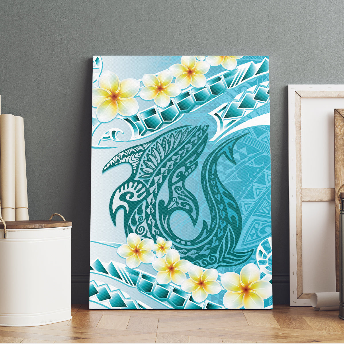 Turquoise Hawaii Shark Tattoo Canvas Wall Art Frangipani With Polynesian Pastel Version