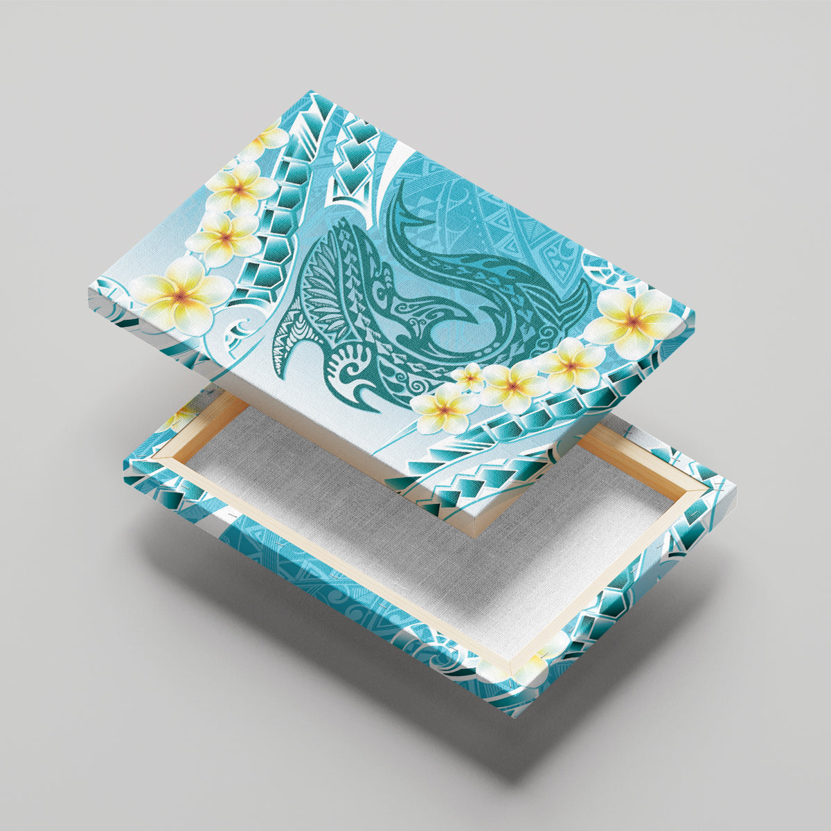 Turquoise Hawaii Shark Tattoo Canvas Wall Art Frangipani With Polynesian Pastel Version