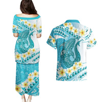 Turquoise Hawaii Shark Tattoo Couples Matching Puletasi and Hawaiian Shirt Frangipani With Polynesian Pastel Version LT14 - Polynesian Pride