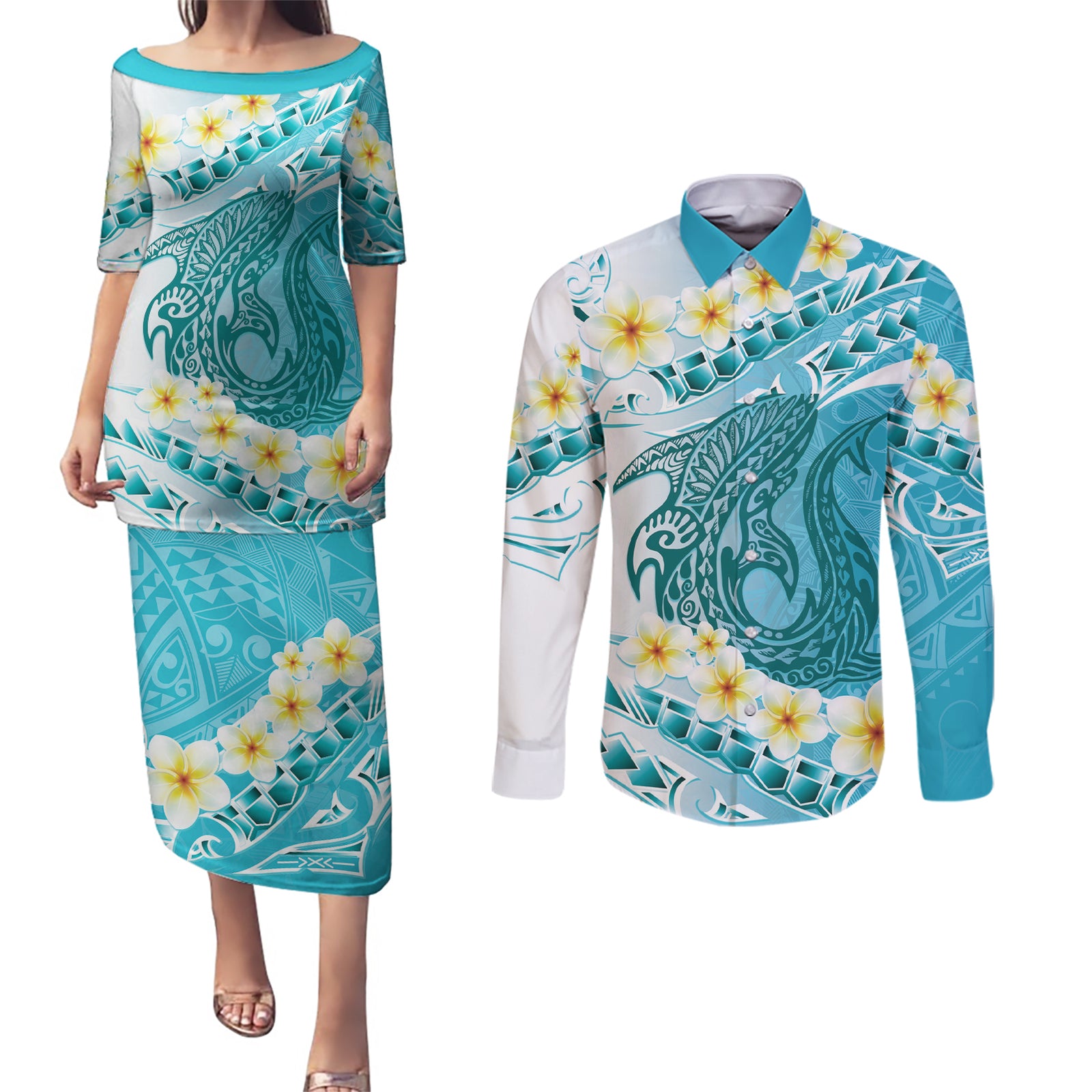 Turquoise Hawaii Shark Tattoo Couples Matching Puletasi and Long Sleeve Button Shirt Frangipani With Polynesian Pastel Version LT14 Turquoise - Polynesian Pride