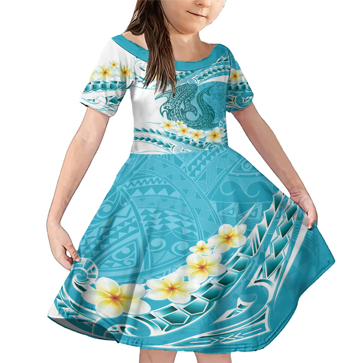 Turquoise Hawaii Shark Tattoo Family Matching Mermaid Dress and Hawaiian Shirt Frangipani With Polynesian Pastel Version