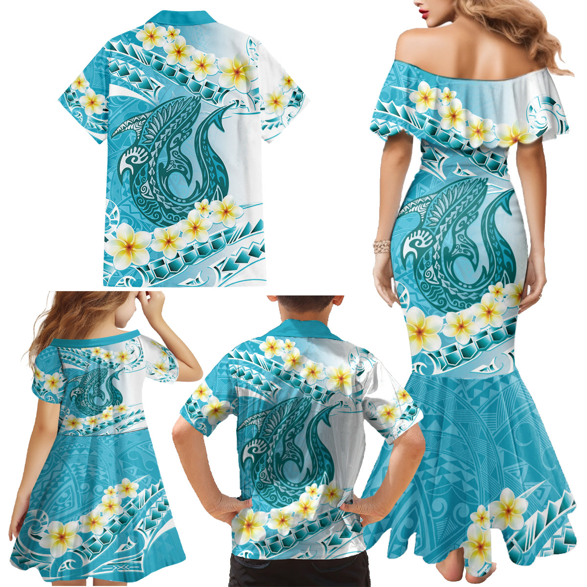 Turquoise Hawaii Shark Tattoo Family Matching Mermaid Dress and Hawaiian Shirt Frangipani With Polynesian Pastel Version
