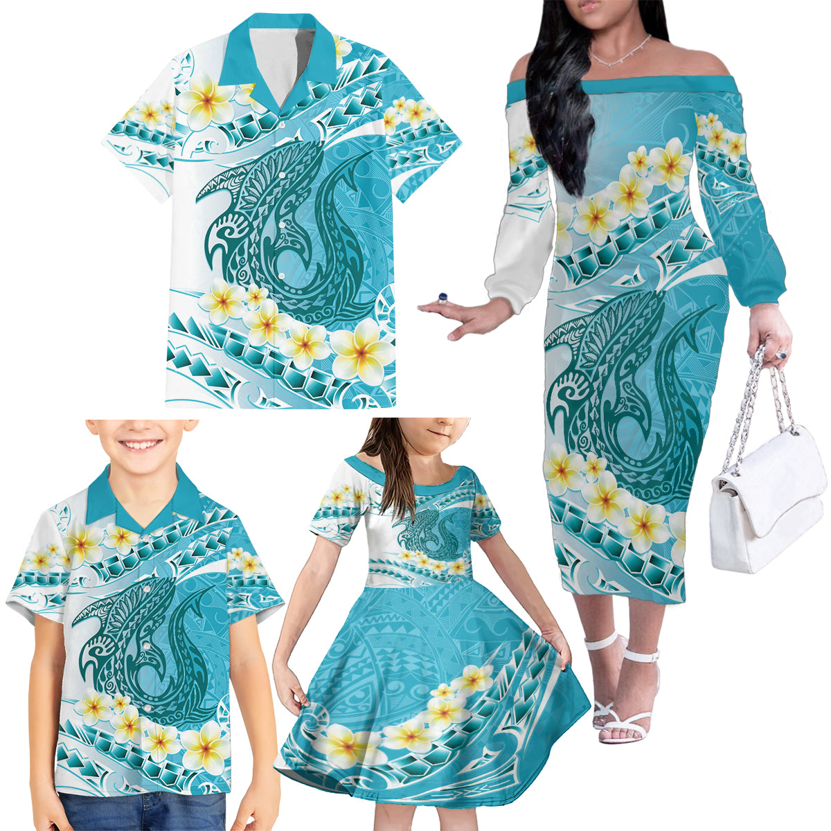 Turquoise Hawaii Shark Tattoo Family Matching Off The Shoulder Long Sleeve Dress and Hawaiian Shirt Frangipani With Polynesian Pastel Version LT14 - Polynesian Pride