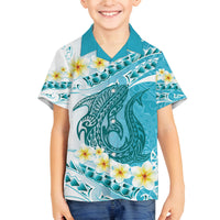 Turquoise Hawaii Shark Tattoo Family Matching Off The Shoulder Long Sleeve Dress and Hawaiian Shirt Frangipani With Polynesian Pastel Version LT14 Son's Shirt Turquoise - Polynesian Pride
