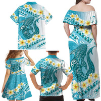 Turquoise Hawaii Shark Tattoo Family Matching Off Shoulder Maxi Dress and Hawaiian Shirt Frangipani With Polynesian Pastel Version