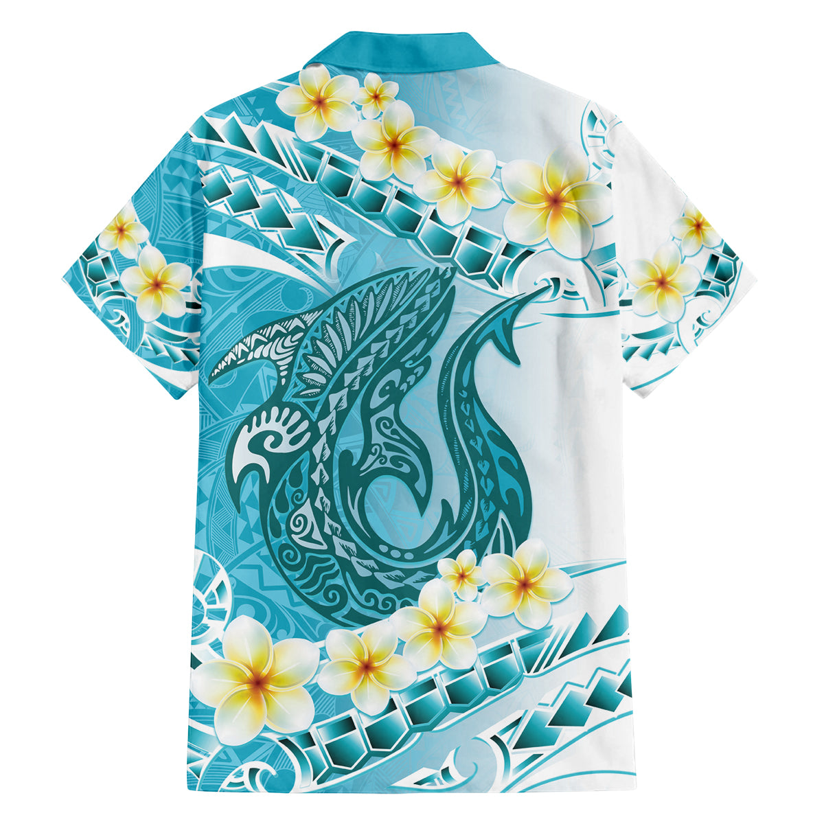 Turquoise Hawaii Shark Tattoo Family Matching Off Shoulder Short Dress and Hawaiian Shirt Frangipani With Polynesian Pastel Version