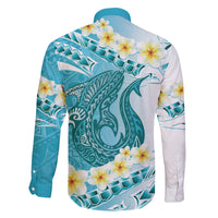 Turquoise Hawaii Shark Tattoo Family Matching Off Shoulder Short Dress and Hawaiian Shirt Frangipani With Polynesian Pastel Version