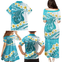 Turquoise Hawaii Shark Tattoo Family Matching Puletasi and Hawaiian Shirt Frangipani With Polynesian Pastel Version