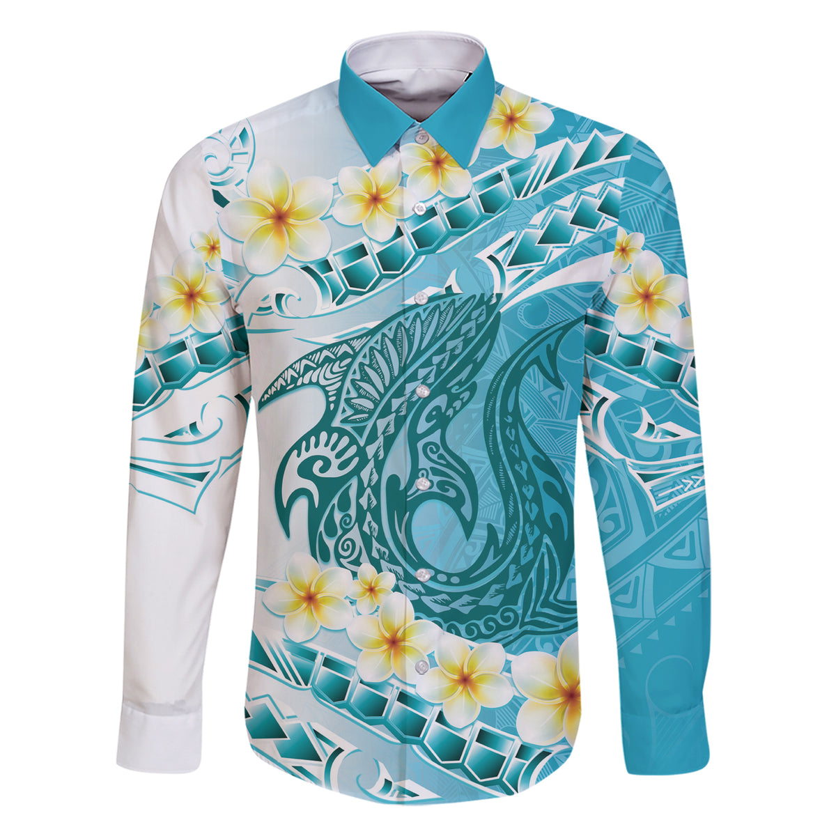 Turquoise Hawaii Shark Tattoo Family Matching Short Sleeve Bodycon Dress and Hawaiian Shirt Frangipani With Polynesian Pastel Version