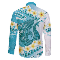 Turquoise Hawaii Shark Tattoo Family Matching Short Sleeve Bodycon Dress and Hawaiian Shirt Frangipani With Polynesian Pastel Version