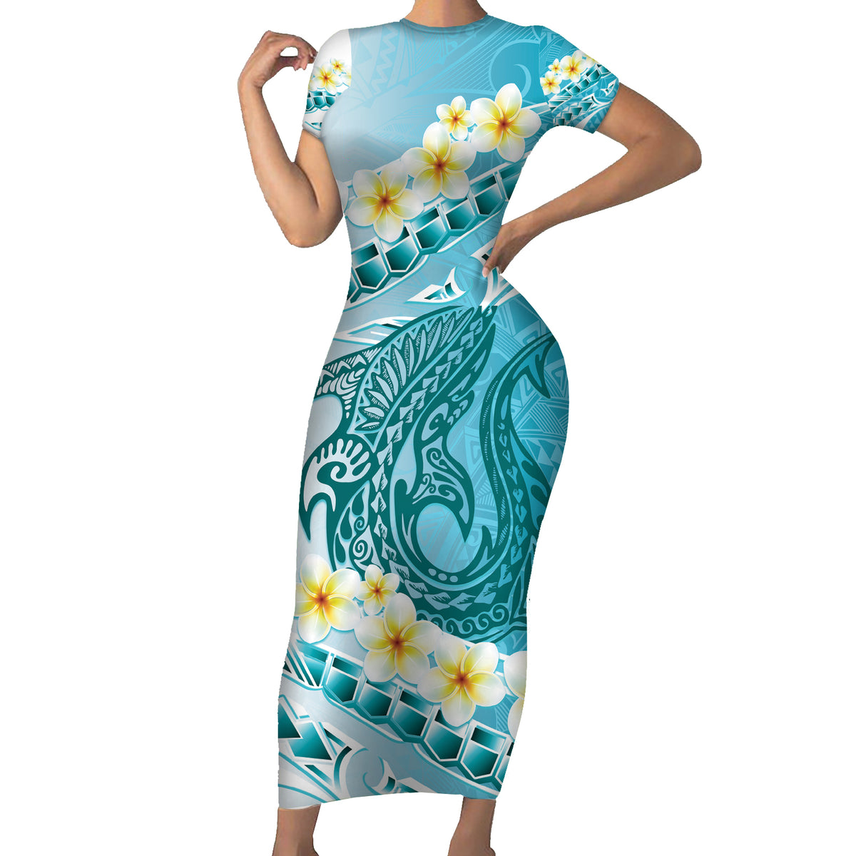 Turquoise Hawaii Shark Tattoo Family Matching Short Sleeve Bodycon Dress and Hawaiian Shirt Frangipani With Polynesian Pastel Version
