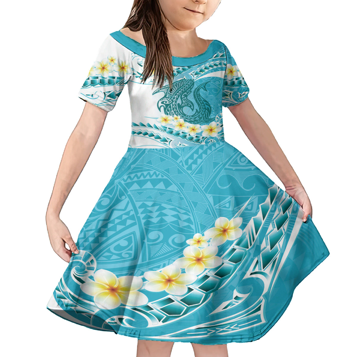 Turquoise Hawaii Shark Tattoo Family Matching Tank Maxi Dress and Hawaiian Shirt Frangipani With Polynesian Pastel Version LT14 Daughter's Dress Turquoise - Polynesian Pride