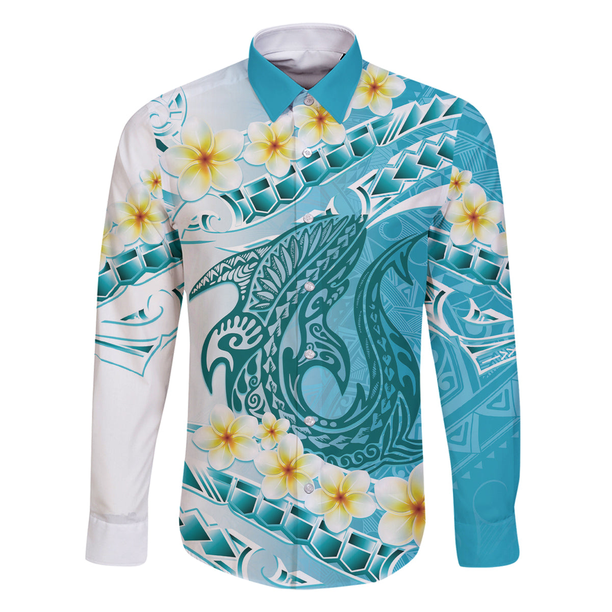 Turquoise Hawaii Shark Tattoo Family Matching Tank Maxi Dress and Hawaiian Shirt Frangipani With Polynesian Pastel Version LT14 Dad's Shirt - Long Sleeve Turquoise - Polynesian Pride