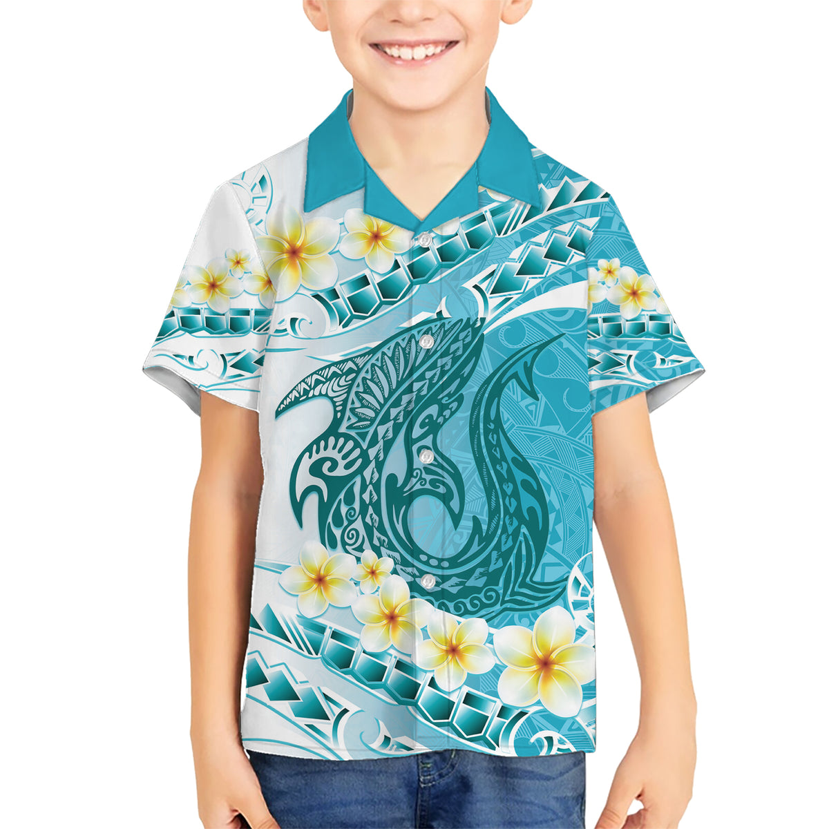 Turquoise Hawaii Shark Tattoo Kid Hawaiian Shirt Frangipani With Polynesian Pastel Version