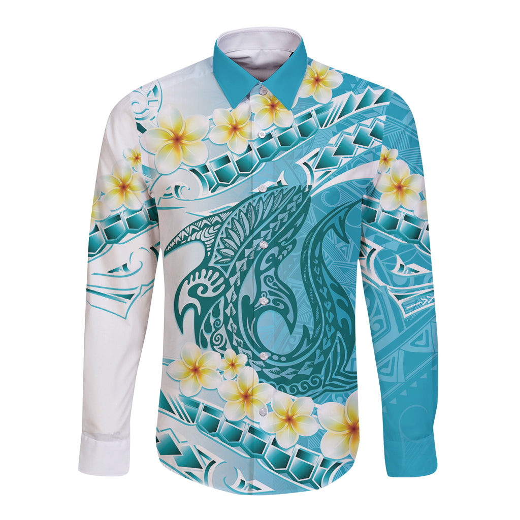 Turquoise Hawaii Shark Tattoo Long Sleeve Button Shirt Frangipani With Polynesian Pastel Version LT14 Unisex Turquoise - Polynesian Pride