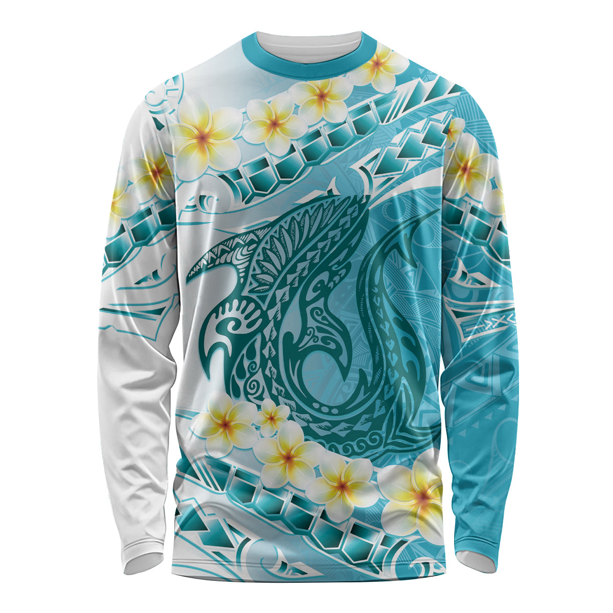 Turquoise Hawaii Shark Tattoo Long Sleeve Shirt Frangipani With Polynesian Pastel Version LT14 Unisex Turquoise - Polynesian Pride
